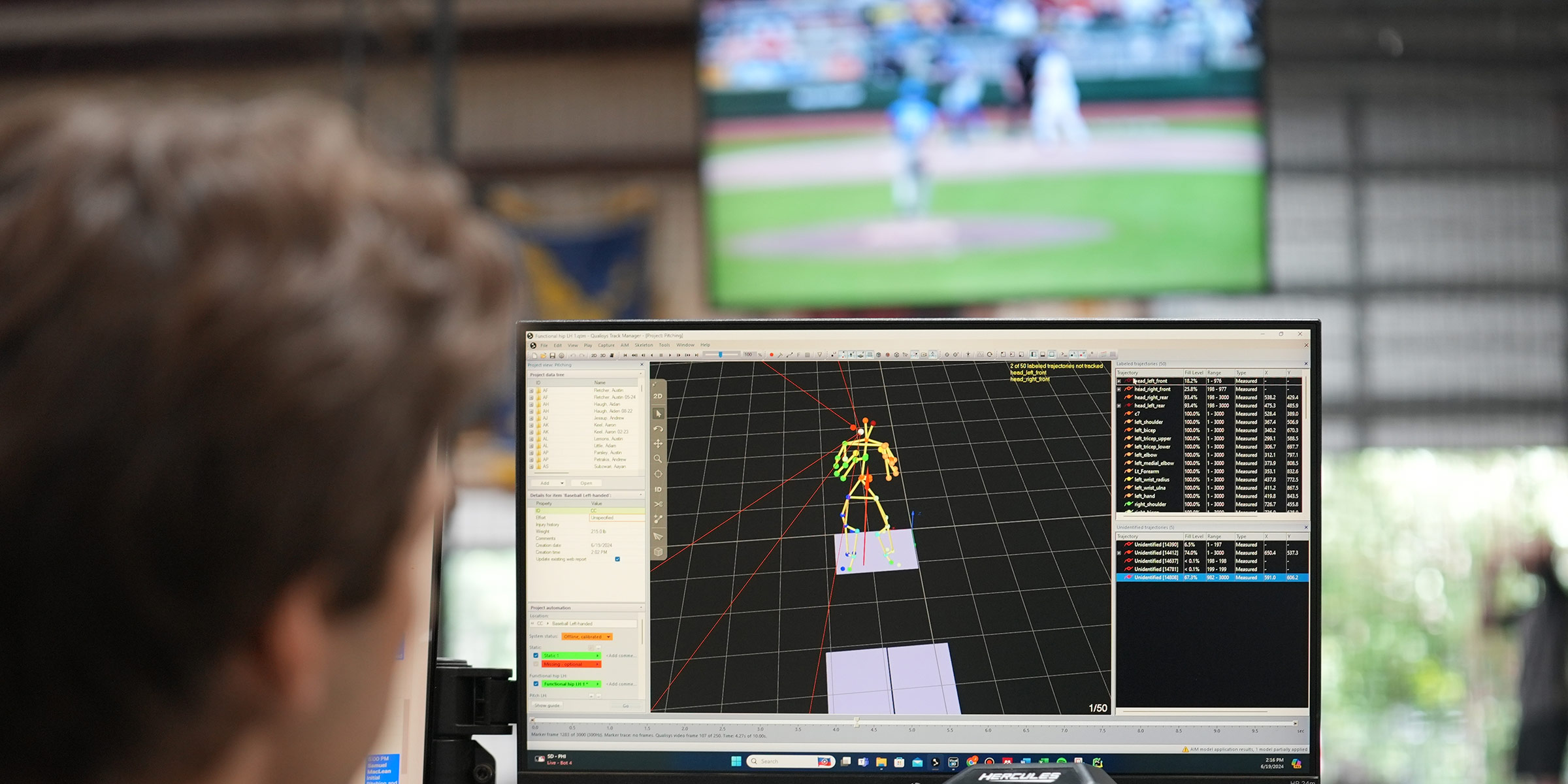 pitching mechanics data on a computer screen